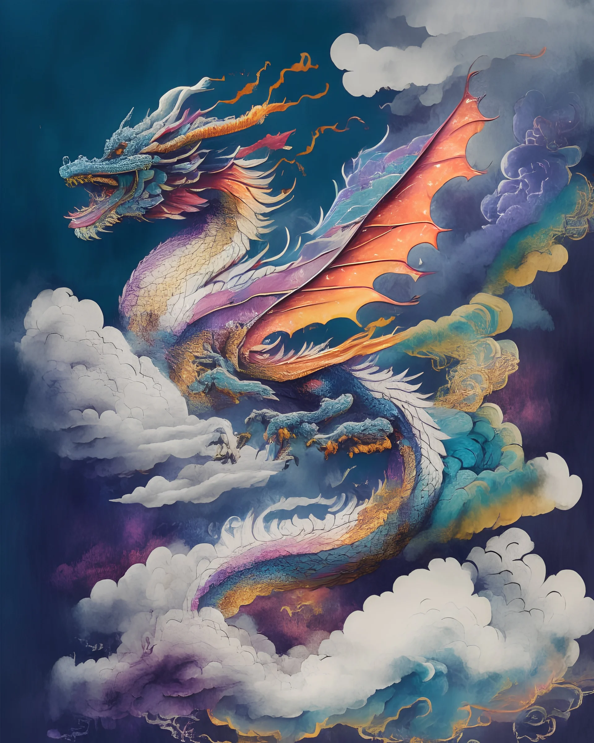 A majestic dragon soaring through the clouds, in the style of traditional Chinese ink painting, vibrant colors, intricate details, dynamic brushstrokes, 8k resolution