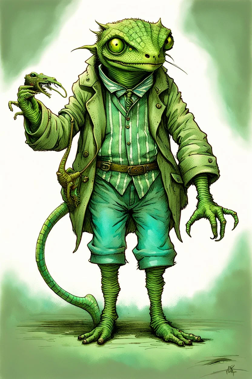 Artist Jean-Baptiste Monge style. A old biomorph male humanoid with Lizard face. Bright eyes. A green and blue striped outfit. Modifiers: Tim Burton Craig Rutkowski Modifiers:neon glowing Iridescent black ink