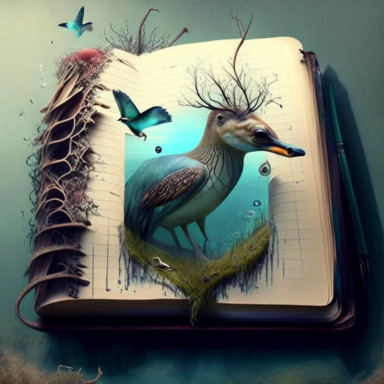 a distopian world full of beautiful creatures with an abandonded notebook on the middle