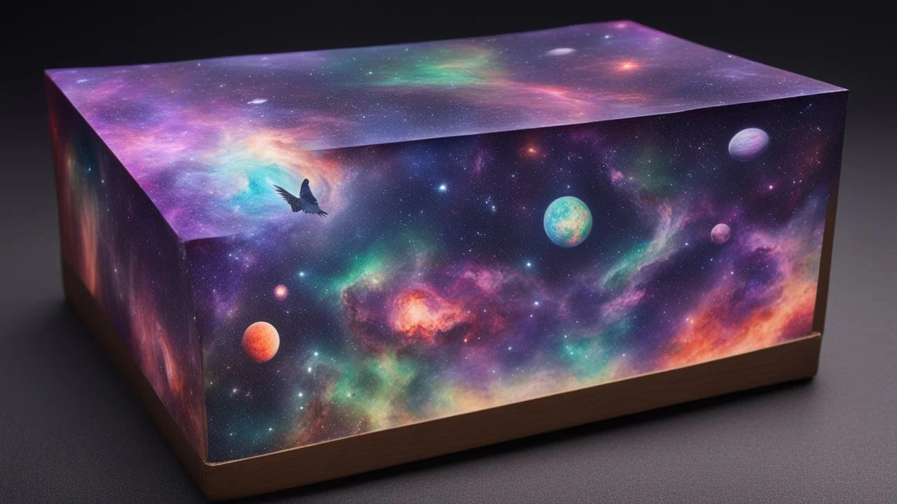 a box 10 cm long by 5 cm wide and 25 cm high, drawn on a box on all sides, space, tress, planets, butterfly nebula, crow galaxies a lot of colours purple, green and red, portal too others galaxy, realistic