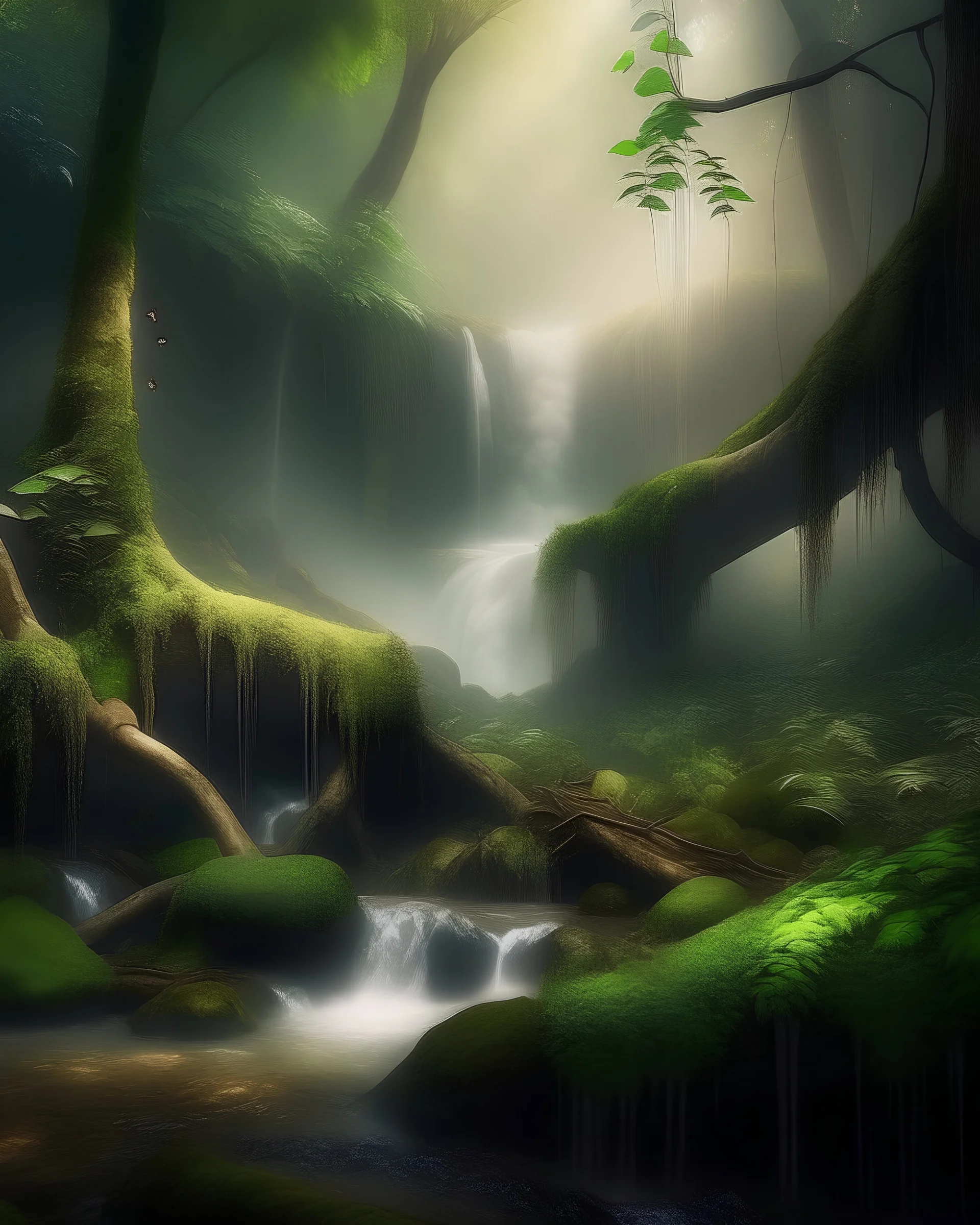 a magical scene of an enchanted forest setting. include waterfall. hyperreal focus on winding smoke patterns, moisture in the air and condensation droplets on the leaves, create a warm atmosphere