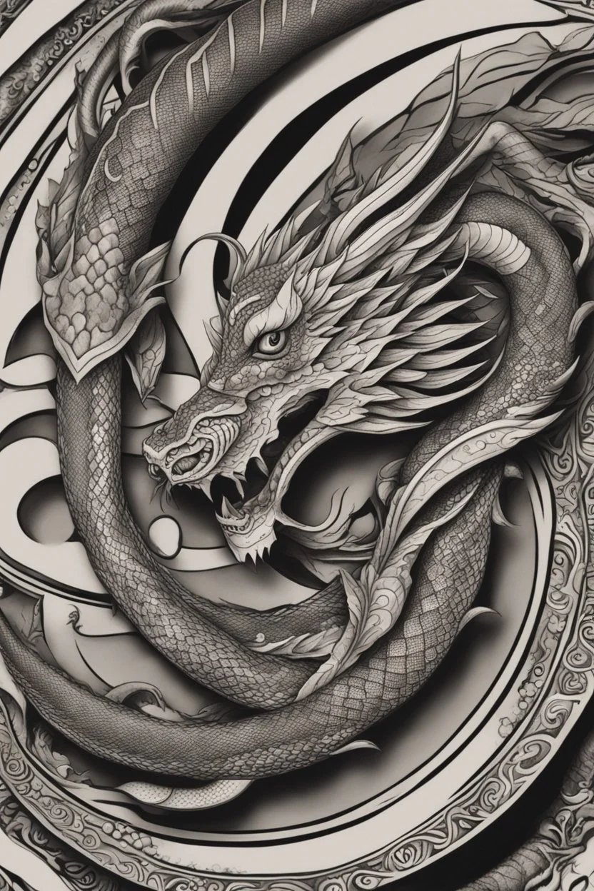 thigh stylized dragon tatoo, stylized snake tatoo wrapped in the things, leg focus, thigh focus