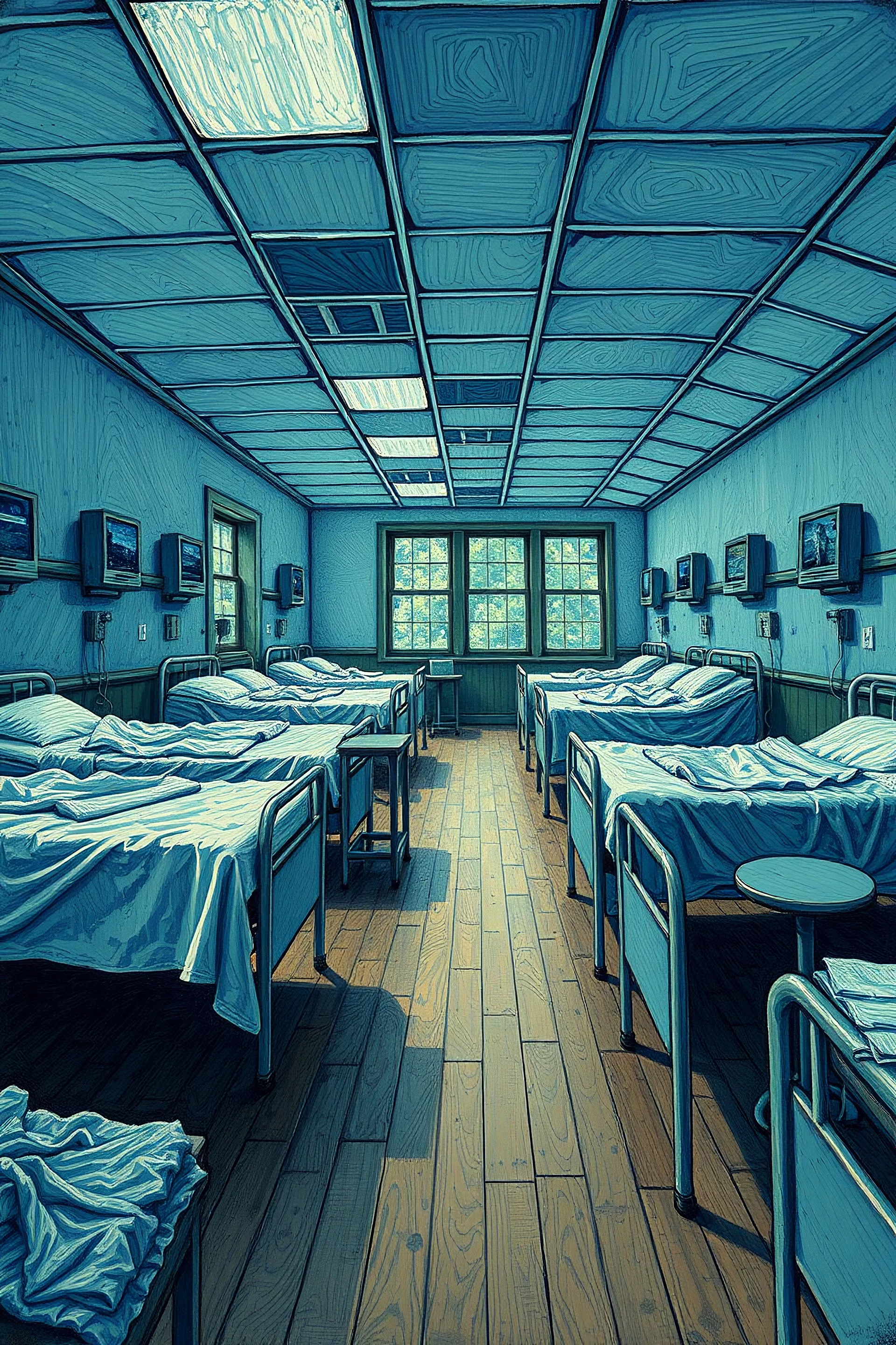 Hospital beds room with patients laying in there beds at the End of Time; Pointillism; in the style of Vincent Van Gogh