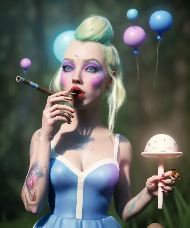 Ultra realistic wonderland photo, happy blonde Alice smoking a pipe, blue dress, white rabbit pet, circus dress style, old school tattoo, smoke, marijuana garden, glow eyes, perfect iris, little mushroom balloons, soft color, highly detailed, unreal engine 5, ray tracing, RTX, lumen lighting, ultra detail, volumetric lighting, high definition.