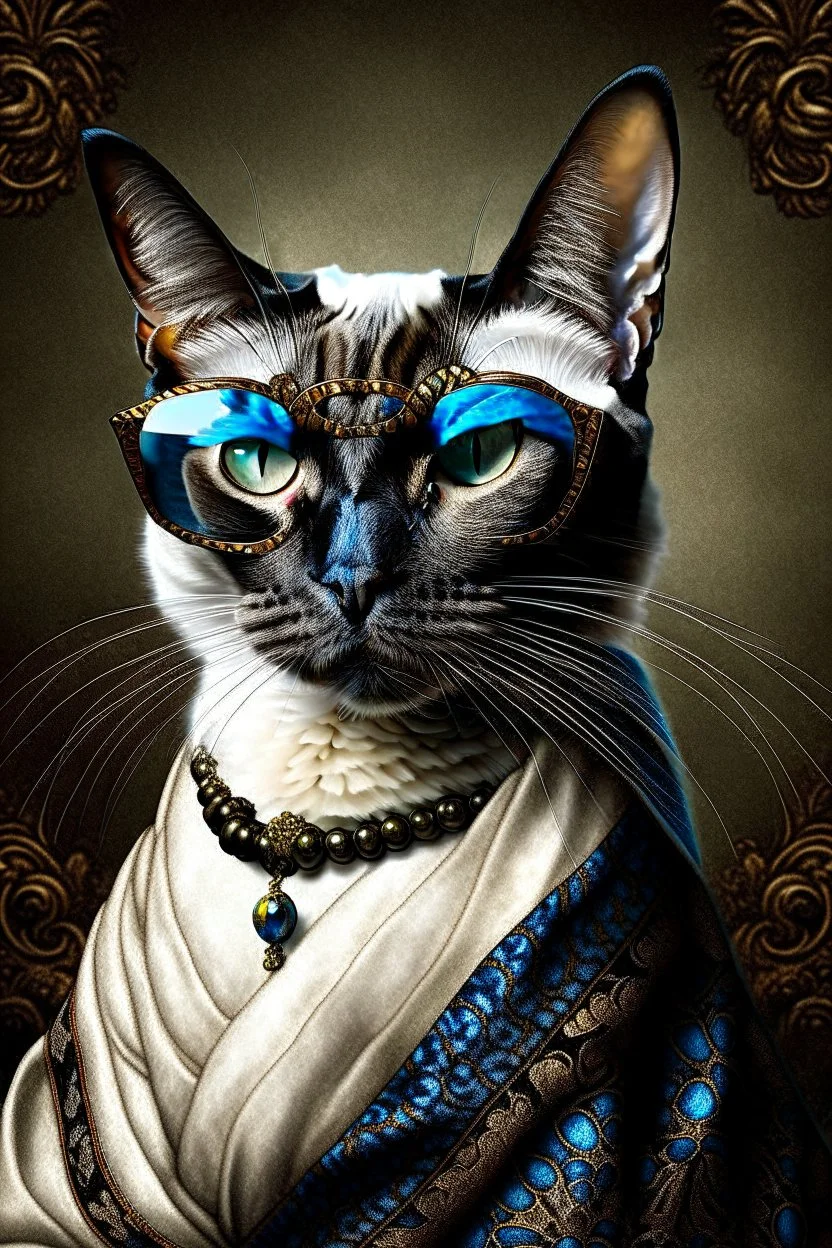 Prompt: the real awesome Siamese Cat queen in regals wearing reading glasses portrait 1600s