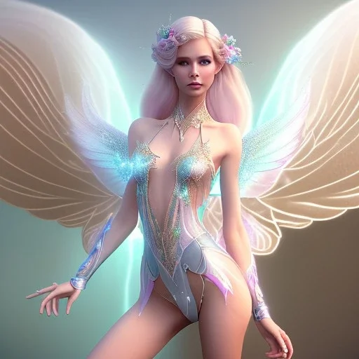 beautiful fairy very etheric, nice smiling, long blond hair, magic glamour pink make up, delicate colors, complete vision of very transparent and big wings, beautiful glamour transparent dress, ultra sharp focus, 8k, unreal engine 5, extremely sharp detail, light effect, soft light atmosphere, smooth, full of details, face in front, complete vision of face and hair and of the body