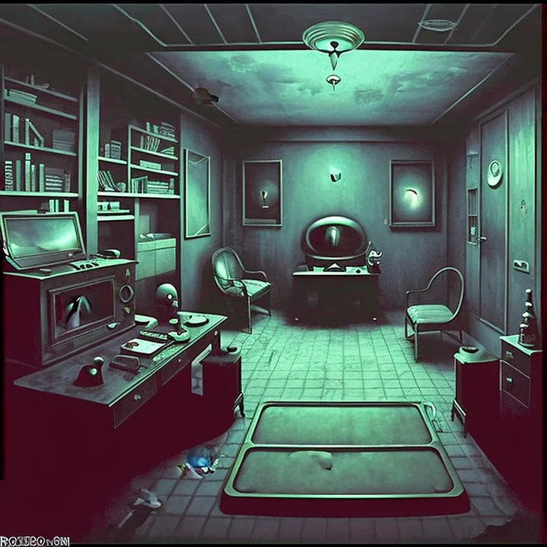 Room with odd creepy stuff and a liminalspace atmosphere