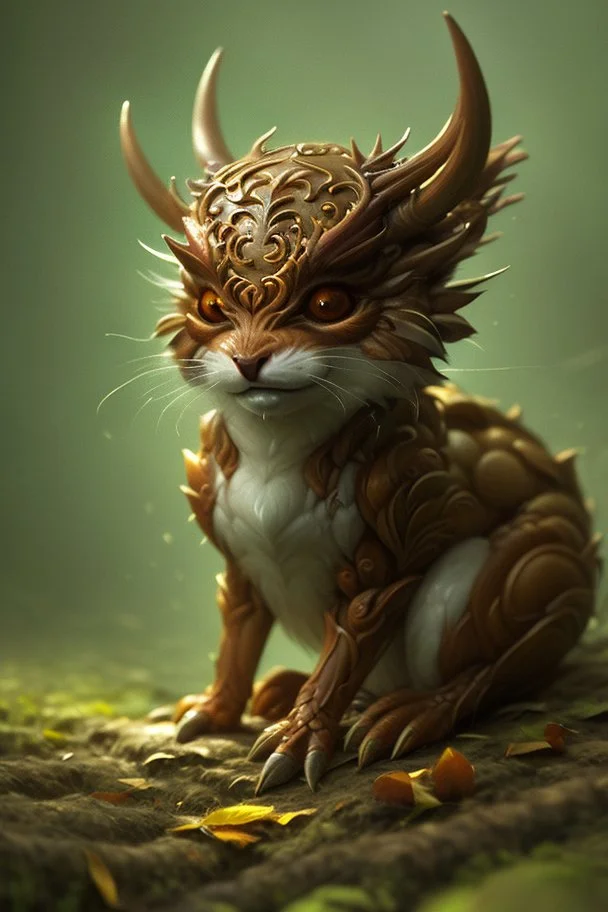 cute tiny forest demon sitting on a fallen leaf, intricately detailed, photorealistic, oil on canvas, trending on art station, high definition, hdr, cute, beautiful in sunshine