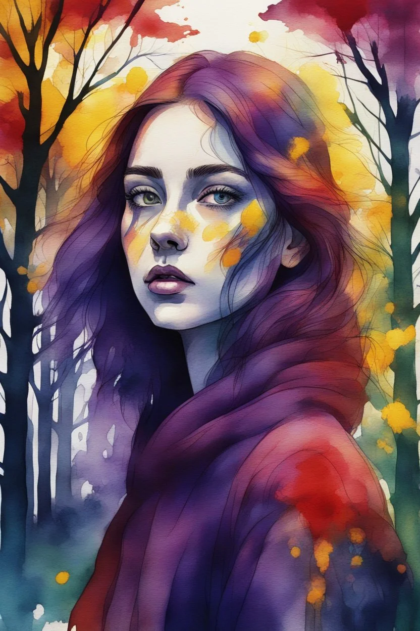 A beautiful colorful young girl in dark red and purple and yellow trees and dark green and dark blue colors only, thin lines draw style , Busch painting style nightmare with sunshine in the middle, watercolors splash