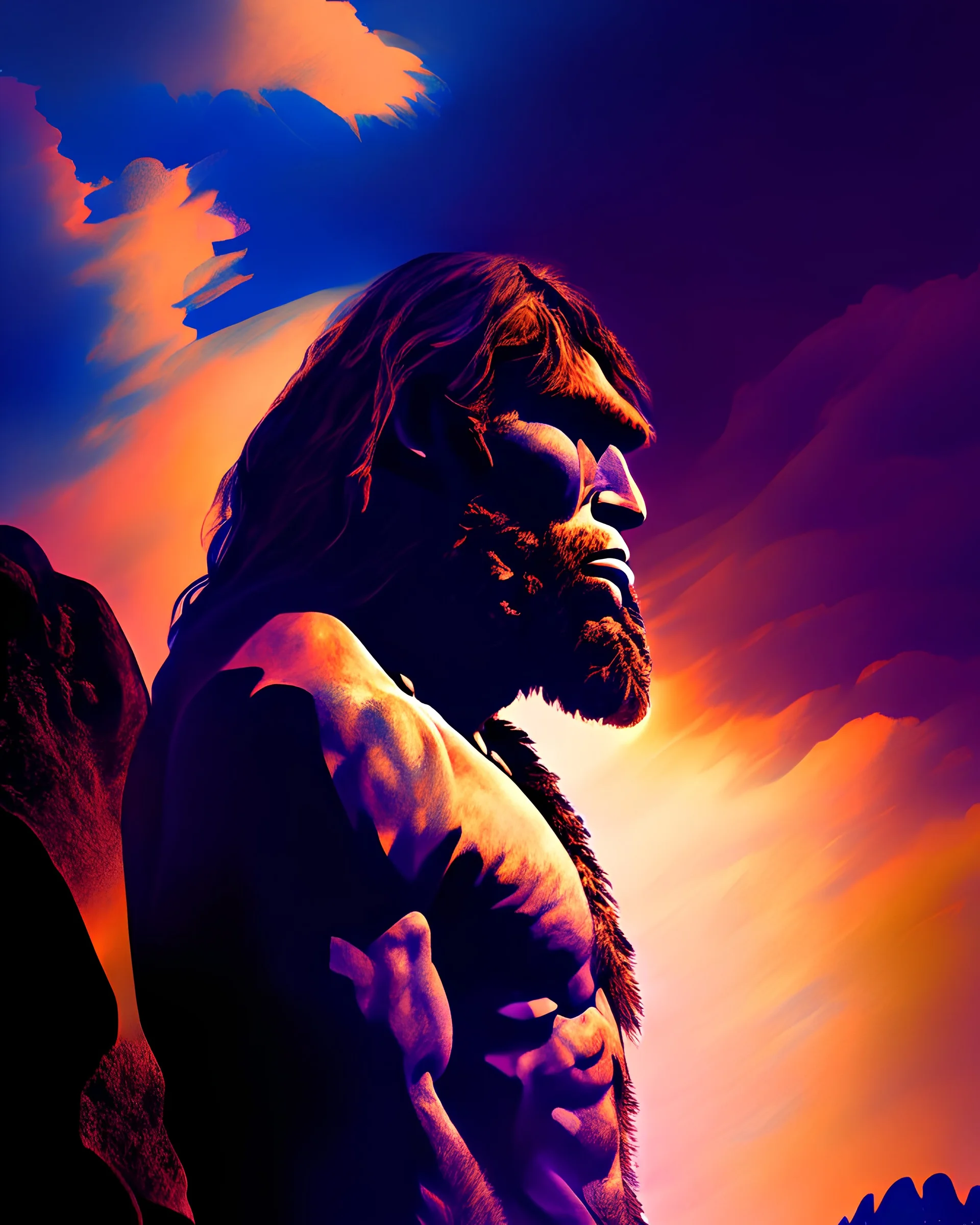 Imagina el hombre de Neandertal colores contrastantes arte digital obra de arte hiperdetallada intrincada sombras 3D iluminación cinematografica 8k 3D cuerpo completo clima soleado nubes