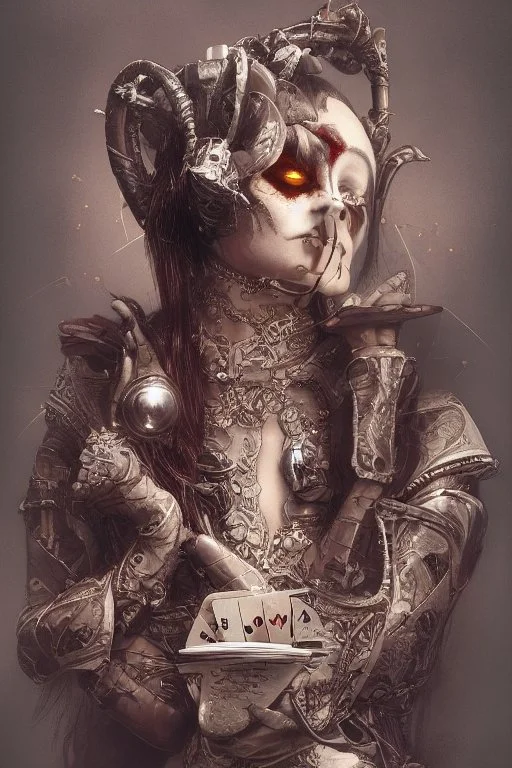 A harlequin character, playing cards with other people , sf, intricate artwork masterpiece, ominous, matte painting movie poster, golden ratio, trending on cgsociety, intricate, epic, trending on artstation, by artgerm, h. r. giger and beksinski, highly detailed, vibrant, production cinematic character render, ultra high quality model