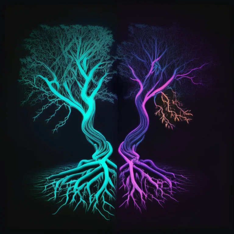 two trees with roots connected dark neon