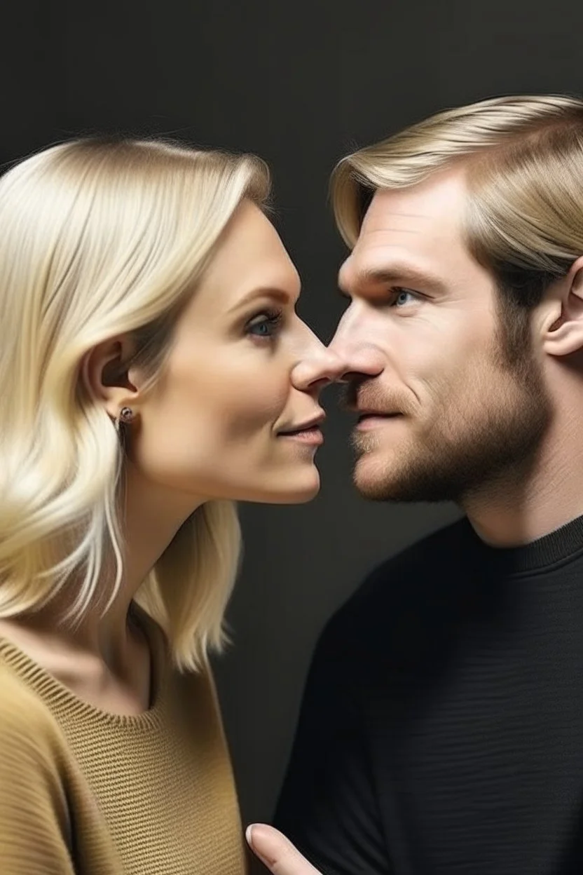 a blonde woman whispering next to a mans ear