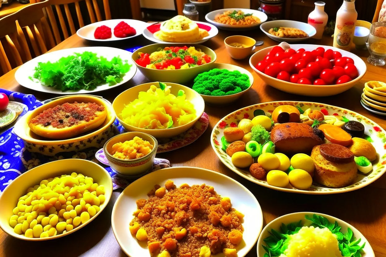 لقطة لوجبة منزلية شهية مع مجموعة متنوعة من الأطعمة المحلية،