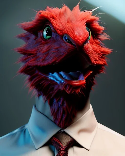 Realistic image, hybrid character, original Elmo muppet head, man body, human arms and hands, Shirt and tie, concept art, smooth, unreal engine 5, god lights, ray tracing, RTX, lumen lighting, ultra detail, volumetric lighting, 3d, finely drawn, high definition, 4k.