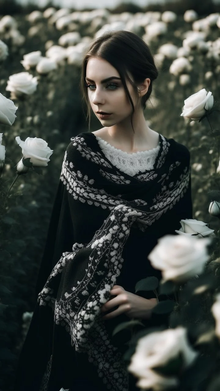 black lace scarf in a field of white roses.cinematic picture