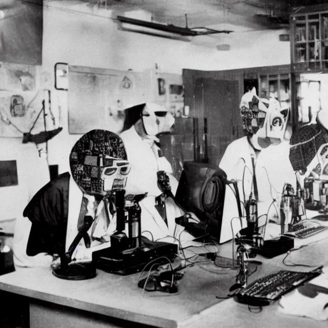 scientists at the computer in carnival masks. the masks are checkered.