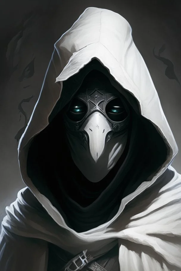 dungeons and dragons man wearing black robes and hood wearing a white mask with eyeholes