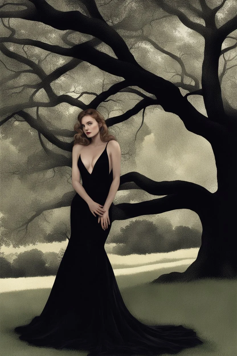 Wednesday in a low-cut black gown standing under a black tree, photorealistic, delicate detail.