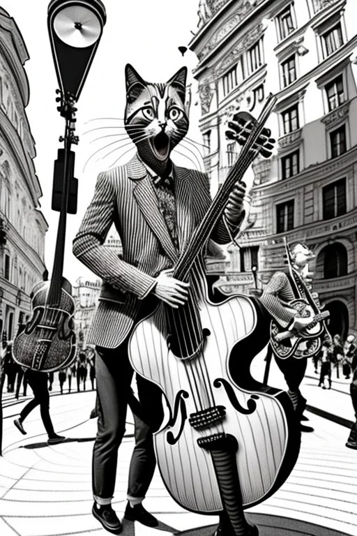 Group mature cats musicians, guitar drum, singing, street, Vienna, smiling, sunny day, model style, hyper realistic, extremely accurate, delicate, extremely detailed, Graphic novel style, wide-angle, open aperture, superfine pencil