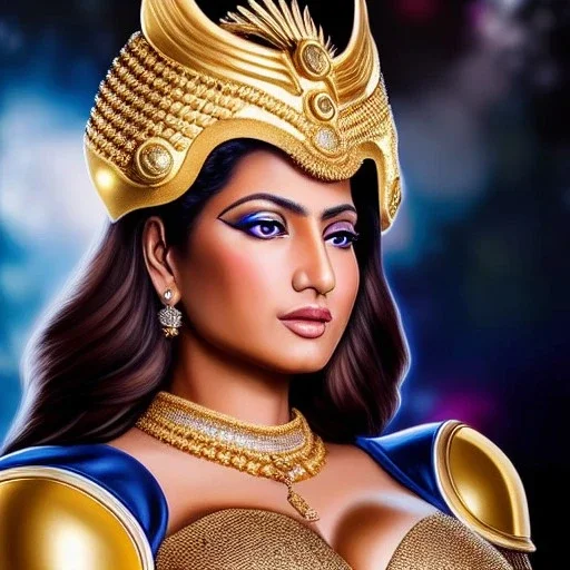 Ultra detailed fullbody Portrait in oil on canvas of busty Sonia with Gold armor and helmet-Saint seya,extremely detailed digital painting,ultrarealistic skin,intense stare, extremely detailed face, crystal clear eyes, mystical colors ,perfectly centered image, perfect composition, rim light, beautiful lighting,masterpiece ,8k, stunning scene, raytracing, anatomically correct, in the style of Simon Bisley and Ohrai Noriyoshi and robert e howard and Steve Jung and Wizyakuza.