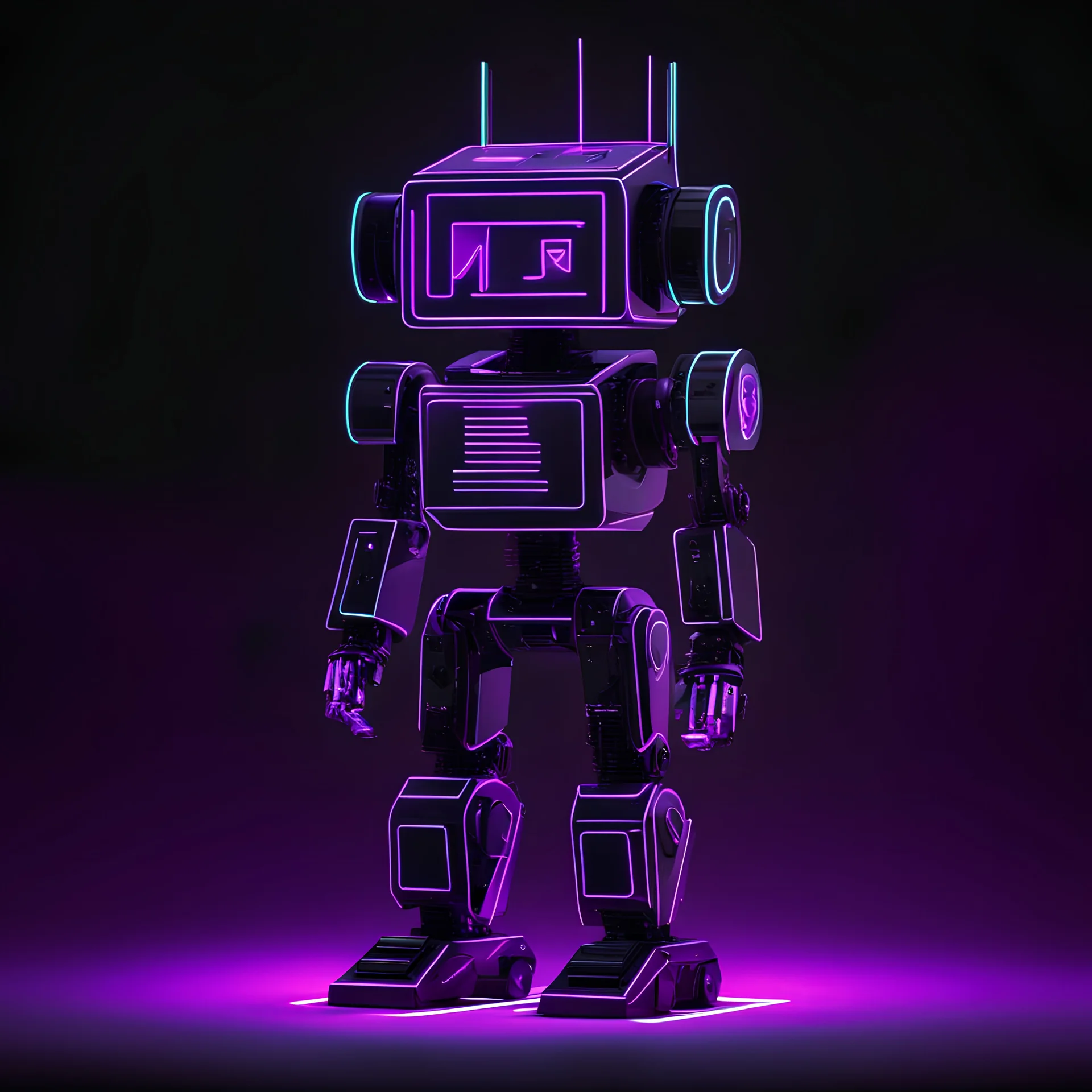 black and purple neon geometric bipedal robot with a plus sign shape for the 'eye' in a black monochrome world