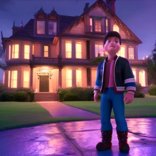 Marty McFly in front of a victorian house at night