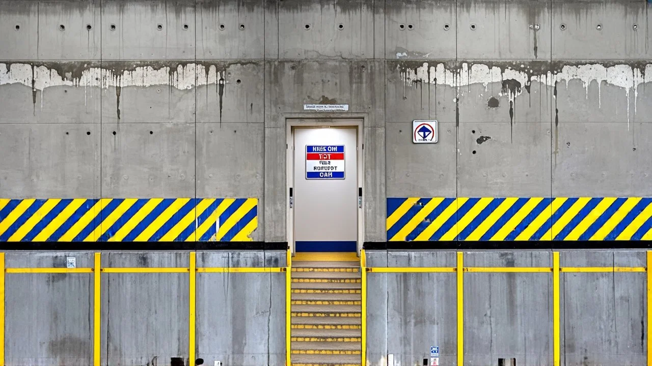 wall design for parking garage, concrete, yellow painted hazard lines, weathering and water stains, in middle is a doorway to a stairwell, with a sign is above. rough painted hashmarks and parking lines, add signage found in a parking garage.