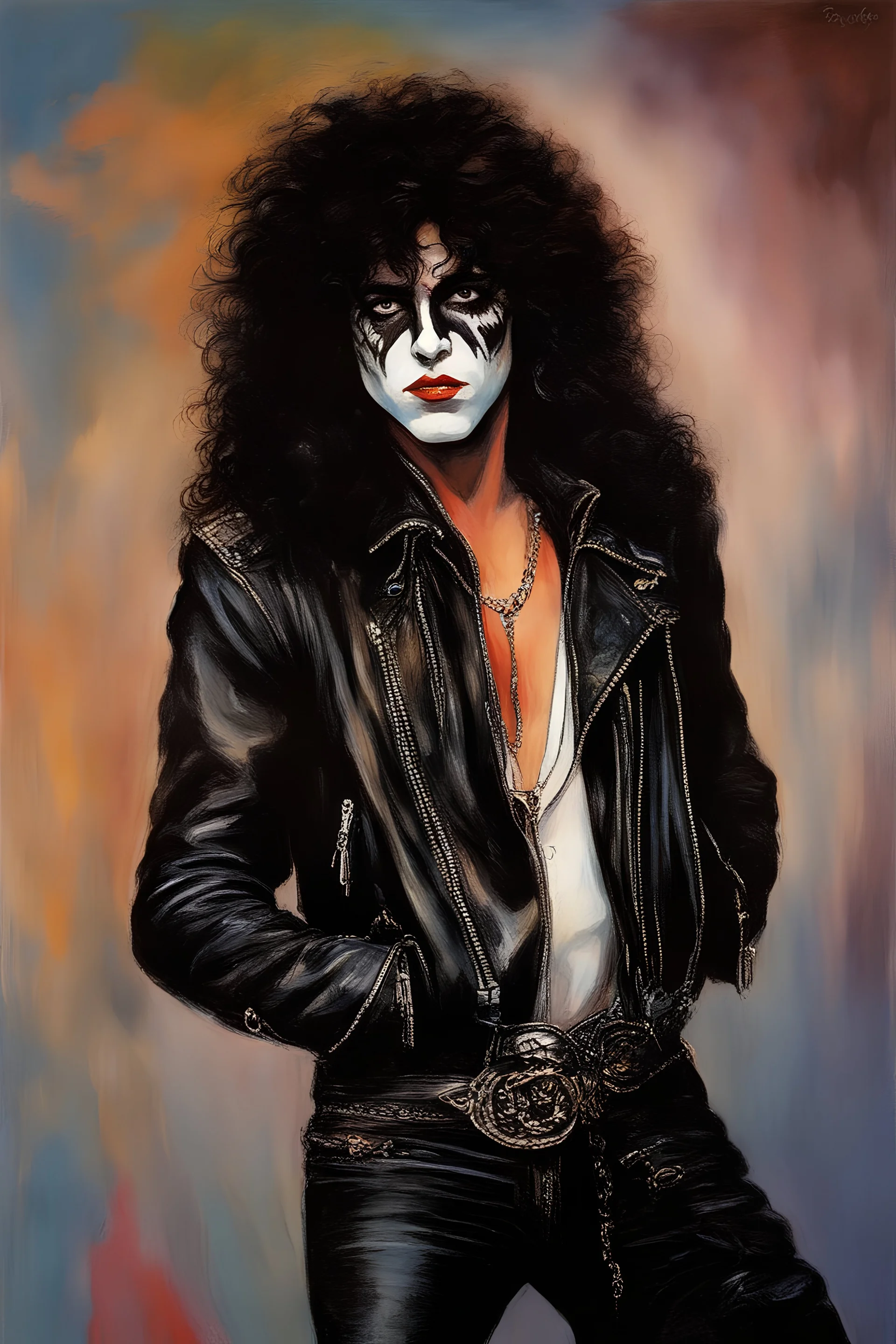 oil painting, text "KISS" - facial portrait with makeup - 20-year-old Paul Stanley with long, wavy curly black 1980's style big hair, wearing a black leather jacket, extremely colorful, multicolored watercolor stained wall in the background - in the art style of Boris Vallejo, Frank Frazetta, Julie bell, Caravaggio, Rembrandt, Michelangelo, Picasso, Gilbert Stuart, Gerald Brom, Thomas Kinkade, Neal Adams - explosions, flames, fog, clouds, dust,