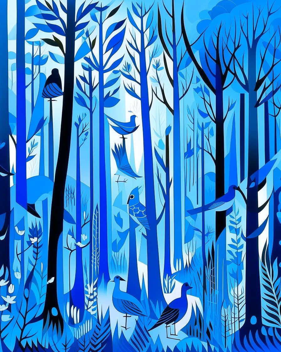 A light palish cobalt blue foggy forest with birds designed in Japanese origami painted by Stuart Davis