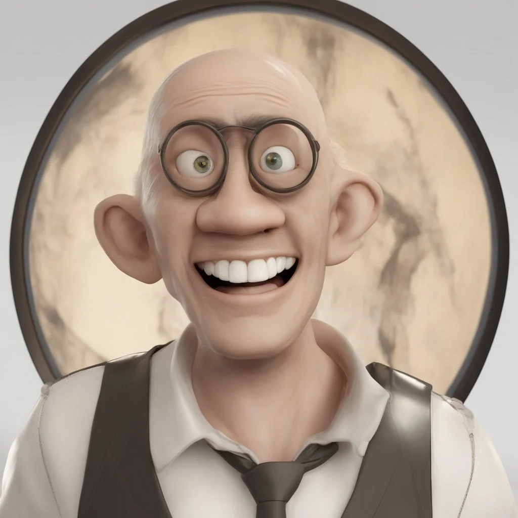 a portrait of smiling man. caricature. black rare hair. light brown skin. black eye pupils. circle eyeglasses, thin gold frame. round face shape. white shirt with black vest. pixar style. 3D. 4k. portrait. highly detailed. sharp focus. high resolution. full color. cinema lighting