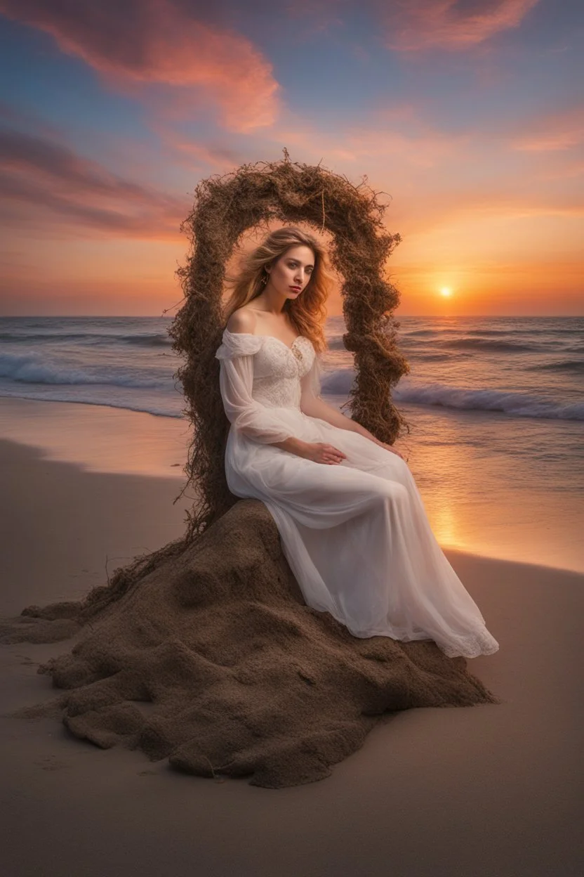 A hyper-realistic,detailed A surrealist Madonna-inspired beachscape, with a vibrant sunset and a mysterious sea. Photo Real, HOF, full size, practicality,manufacturability,performance, (((realism, realistic, realphoto, photography, portrait, , realistic, beautiful, elegant, charming, apocalyptic environment, professional photographer, captured with professional DSLR camera,trending on Artstation, 64k, ultra detailed, ultra accurate detailed, bokeh lighting, surrealism, Thomas Kinkade background,