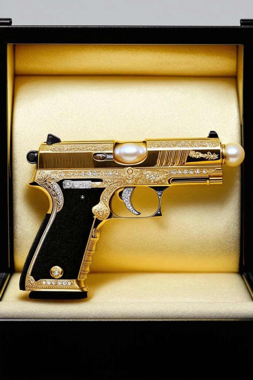 A luxurious (((gun))) crafted from solid gold, intricate details like diamonds around and (silver) engravings, exuding opulence and power, with a pearl pistol grip, displayed in a gold display case with black felt