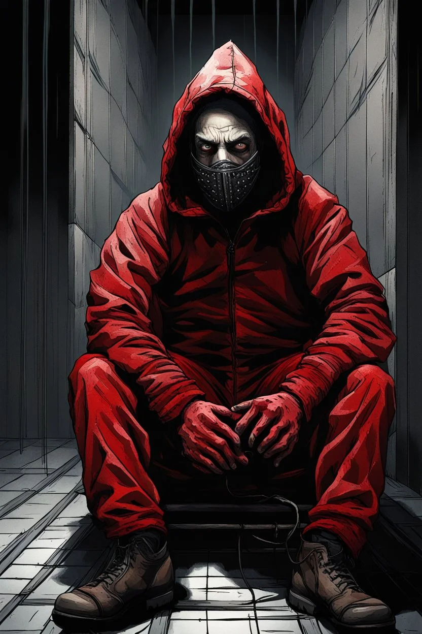 A scary gothic person sits quietly in the middle of a soundproof, padded room conveying intense dramatic emotions in a muted environment, wearing a bright red straitjacket , a mask to cover the mouth area of cannibal evil scary, dark and gothic look, cold eyes, eary ultra detailed,.32k, digital art style with messy paint, hardened sealer appearance, impasto, dramatic Arial view with explosive chaotic background