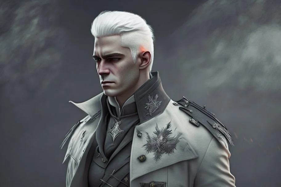 A white masculine human with medium white hair. A Lot of Battle Scars. Full body. Black Military Outfit. HD