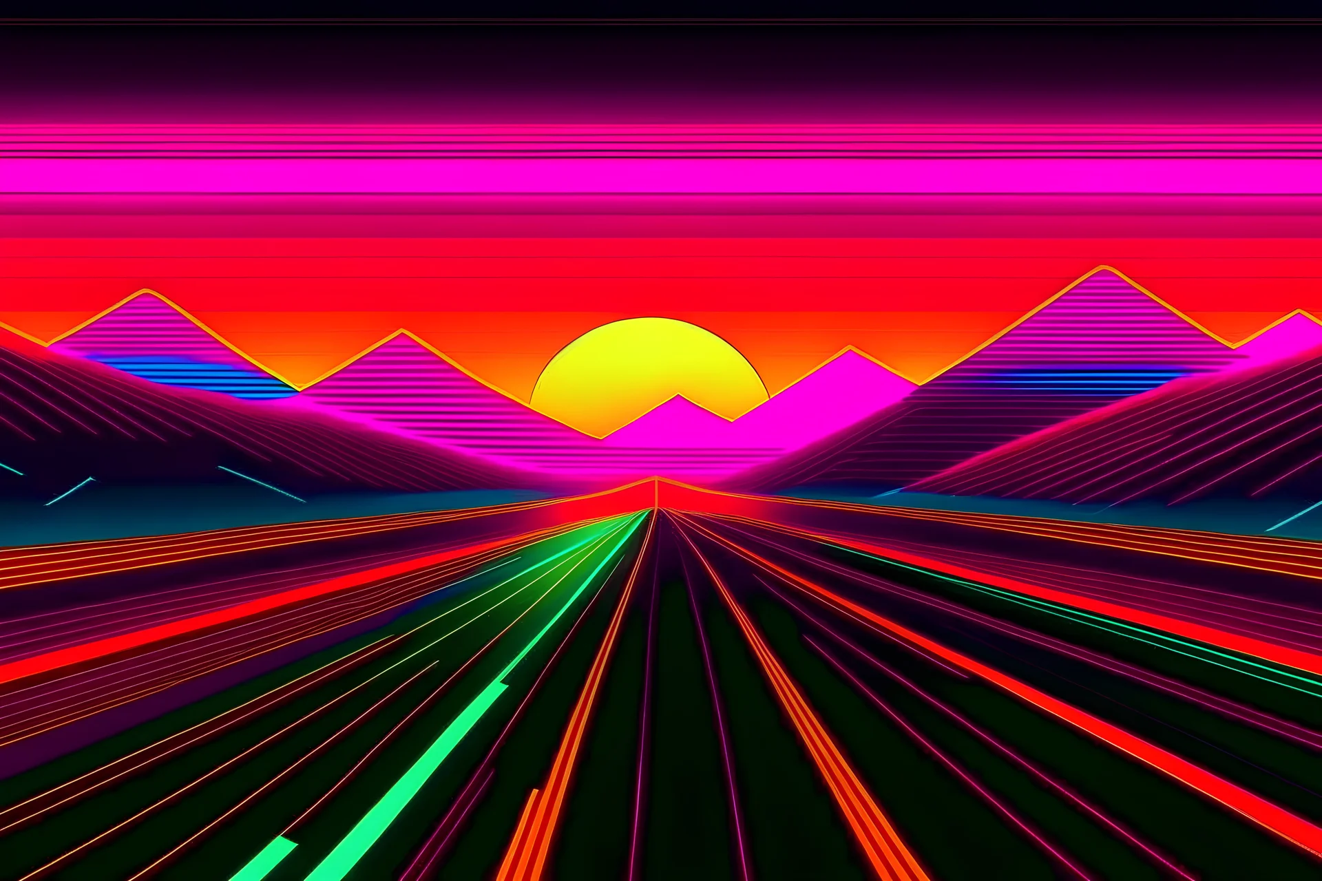 80s neon sunset with highway