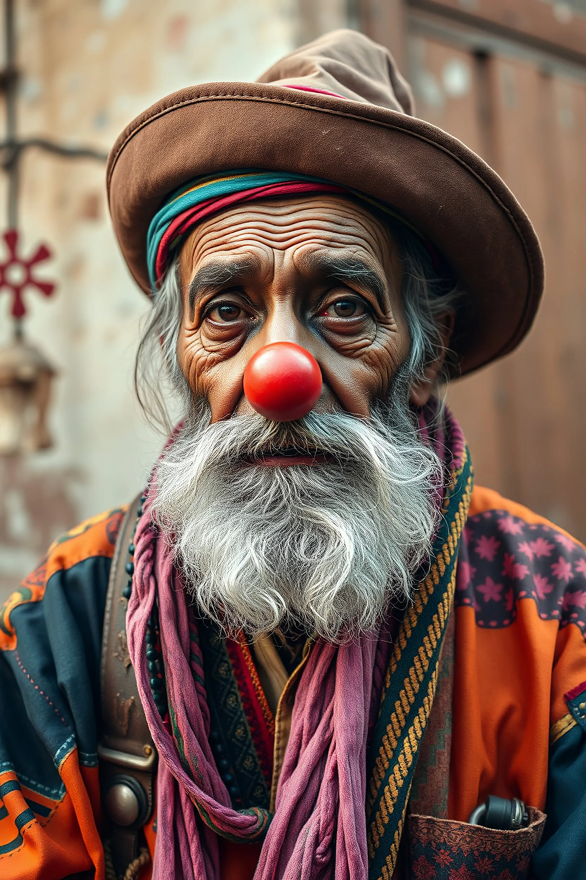 Full body Geriatric Pakistani vintage wise curious old hippy man wearing a small red clown nose with vintage fantasy orange red blue pink vintage recycled patched old worn clothes and hat and steampunk dystopian fantasy background