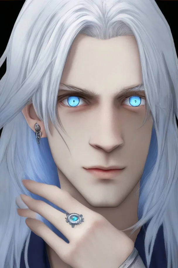 Realistic young man, long white hair covering one eye, blue eye, has rings on his hand, pale skin, slim bit fit