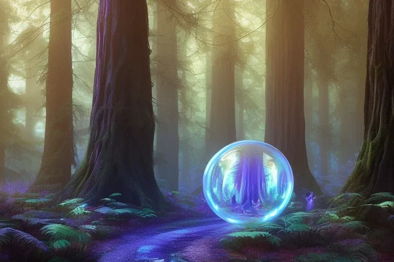 glowing bubble portal in a clearing glade in a redwood forest at night. shimmering portal. the forest redwood trees are lit by a glow. by cyril rolando and naomi okubo and dan mumford and ricardo bofill. beeple. noah bradley. digital render. digital painting. trending on artstation. concept art