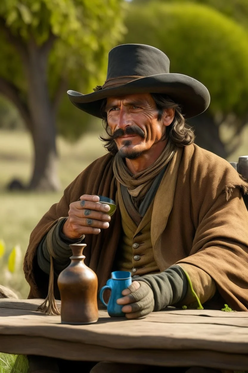 Gaucho argentino tomando mate en un atardecer ,fondo de i.g