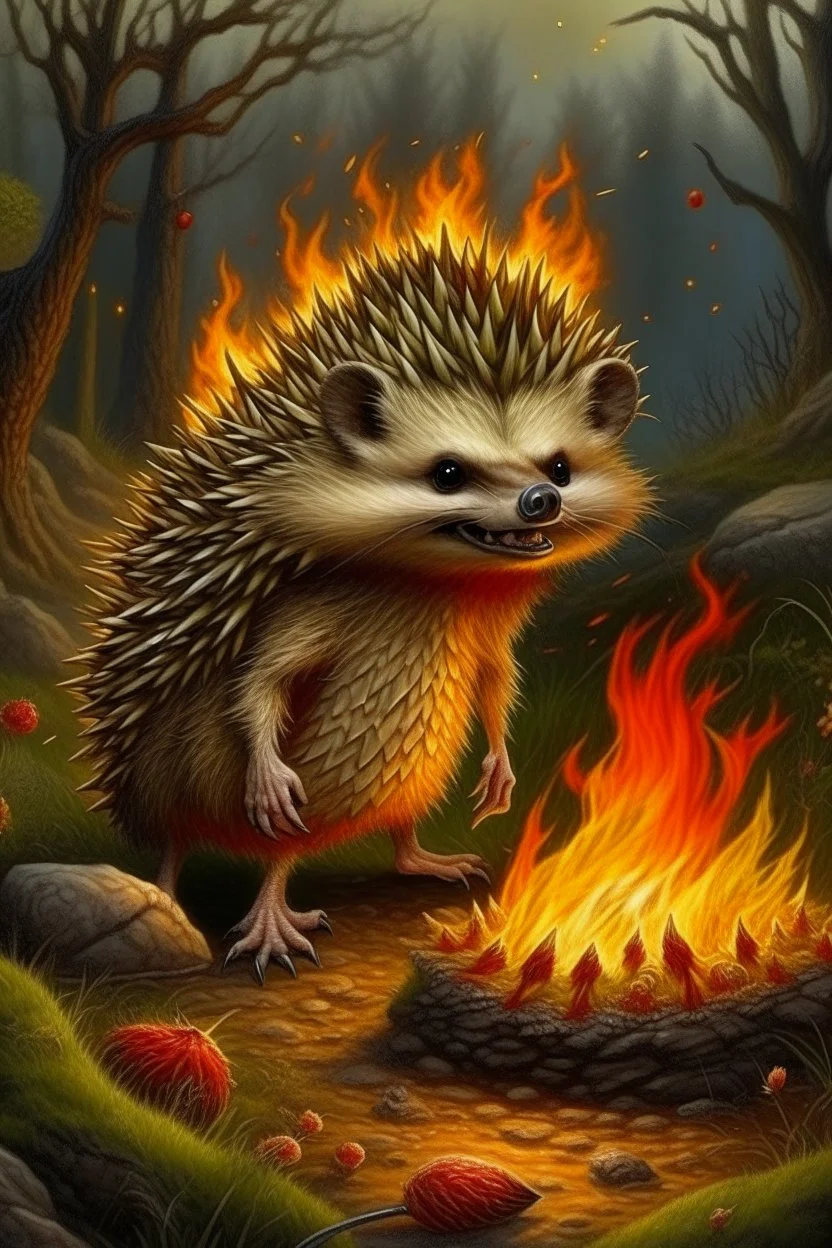 Scary wild hedgehog in Crocs, witches pants, mohawk, clearing, trees, fire in the background, realistic