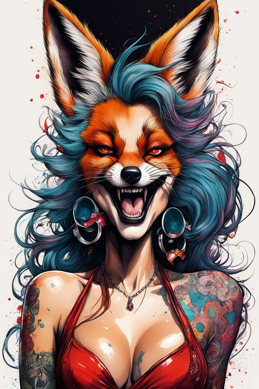 highly detailed full color, caricature concept illustration of a seductive female Fox nightclub singer , maximalist, sharp focus, highest resolution, in the styles of Ralph Steadman, Alex Pardee, Denis Forkas , and Masahiro Ito, boldly inked, 8k, coarse, gritty textures