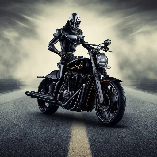 Fire head skeleton Rider wearing a black leather on black motorcycle in the middle of street rounded by high tower