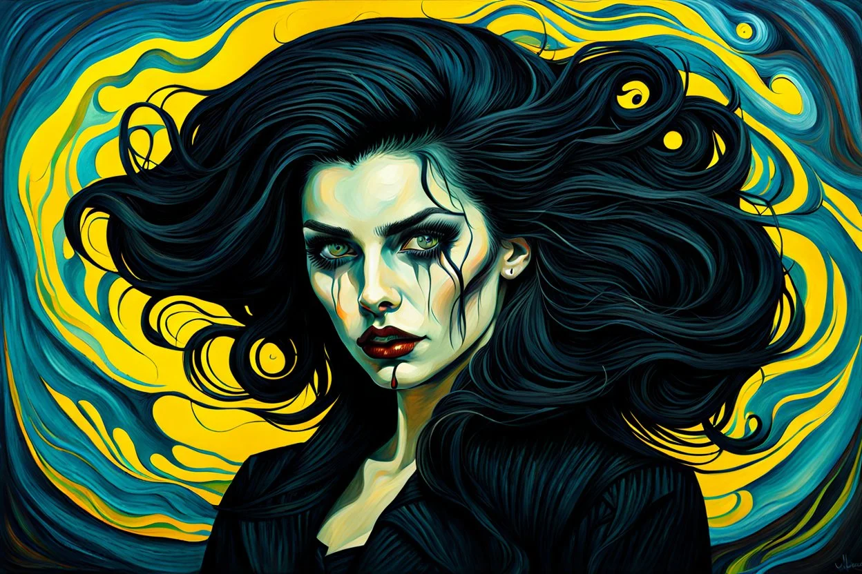 create a disturbing oil painting of a dark haired, savage, gothpunk vampire girl with highly detailed , sharply defined hair and facial features set against a swirling chaotic background, in the style of Vincent van Gogh