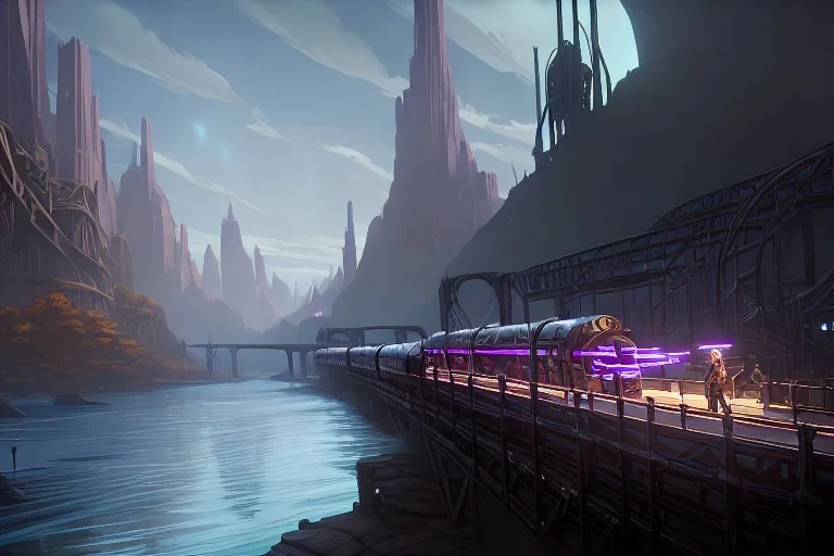 river canyon dungeon punk steam train bridge seven towers city