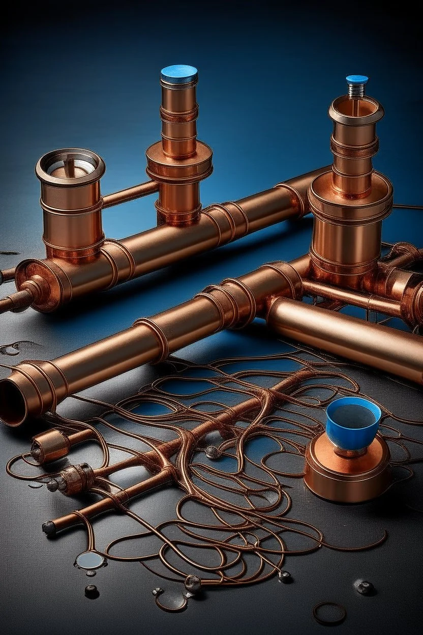 Please produce an innovative photo in the field of water and electricity transmission equipment inspired by the copper industry. This photo is needed for the cover of a magazine. Please give more details about the use of copper in parts. Please make sure the items are genuine