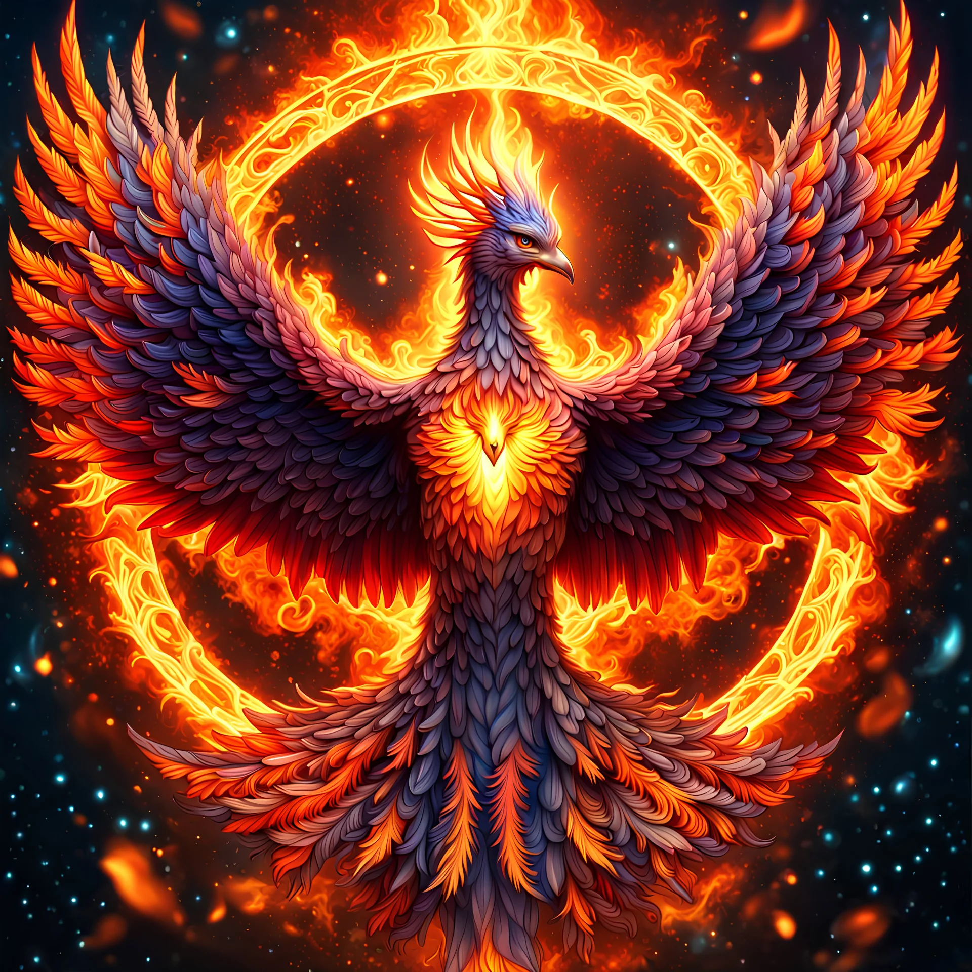 numeric artwork portrait of a Phoenix, very symetric, halo of fire, space background, very beautiful very detailed, hyper intricate, very magnificent, mystical rendering, hdr, 8k, sunlight, autumn colours, perfect angle, perfect color, perfect symetrical, octane effect rendering, great angle photography, cinema 4d