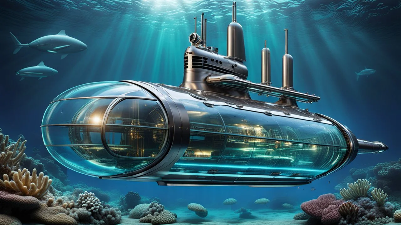 An unique stunning modern futuristic glass and metal submarine in the ocean, with a large body of water surrounding it. The submarine bottom positioned in the center of the frame, providing a unique perspective on this streamlined high-techstructure underwater, high detalied, shapr focus, sci-fi mood