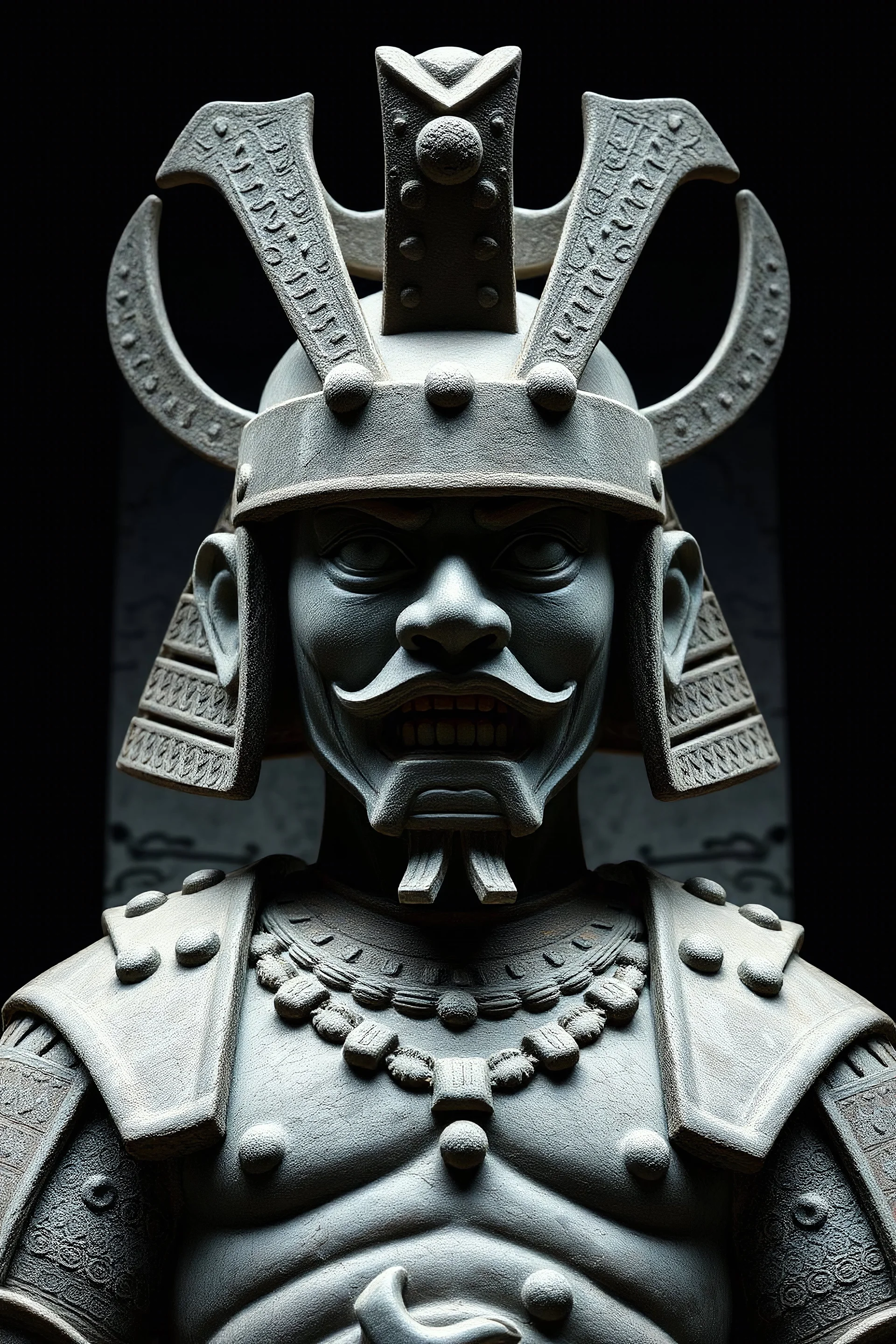 Japanese warrior statue with muscular body from front, stone carving, cinematic, 8k,black background,