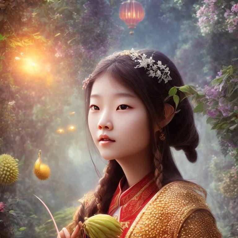 bust of chinese girl hobbit, smiling, happy, symmetrical eyes, soft light, durian, bananas, insects, lamp, soft light, RTX, style Léon Frédéric